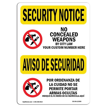 Signmission OSHA Security Sign, 3.5" Height, 5" Wide, No Concealed Weapons Bilingual, Landscape, SN-D-35-L-11589 OS-SN-D-35-L-11589